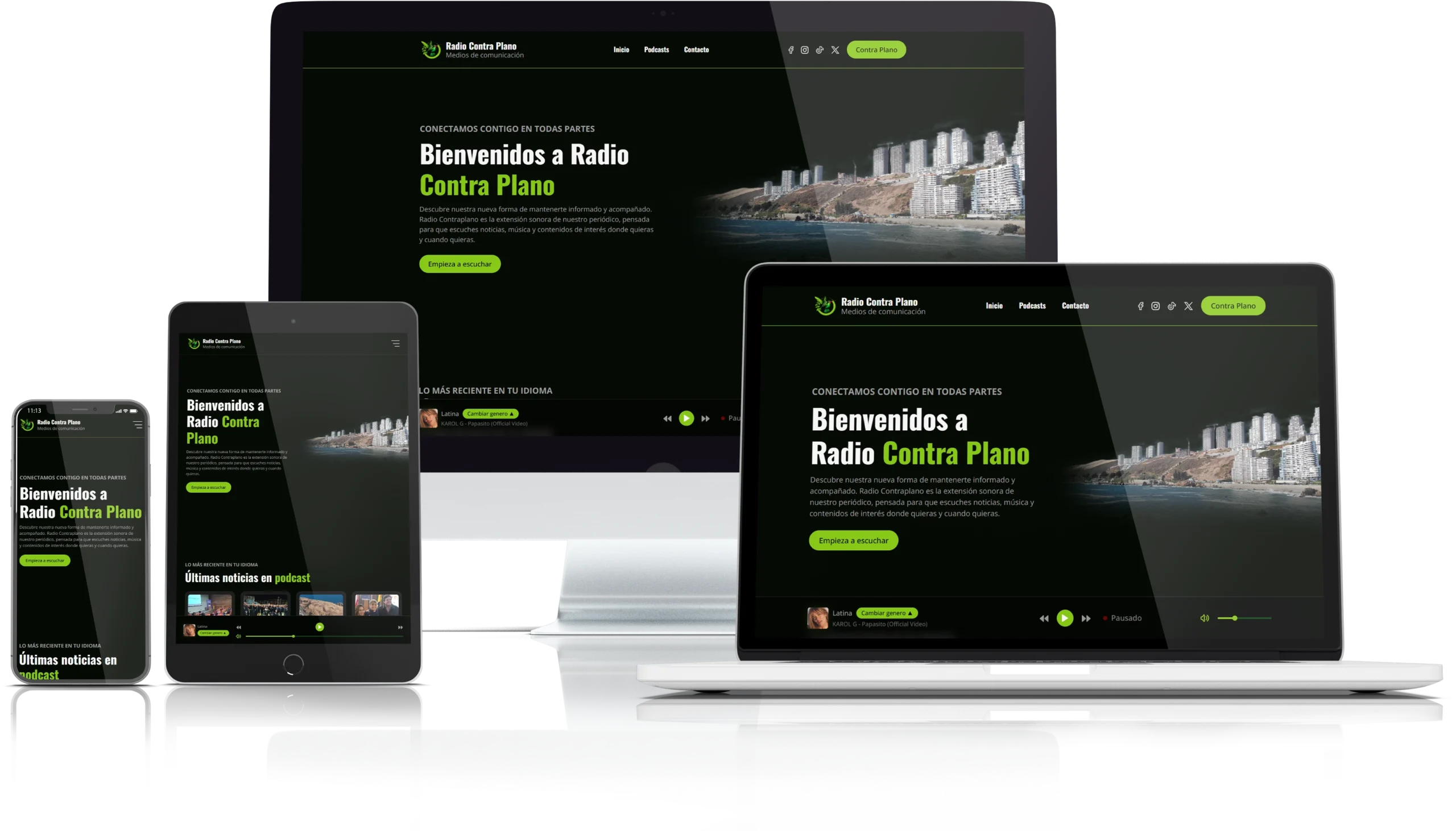 Múltiples dispositivos mostrando el sitio web de Radio Contra Plano.